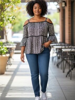 torrid Black and White Cold-Shoulder Peplum Blouse